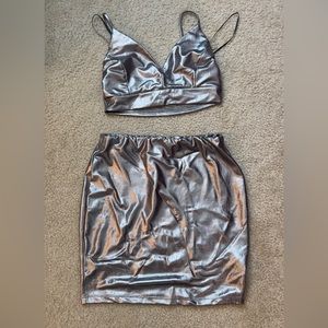 Metallic silver two piece skirt and blouse